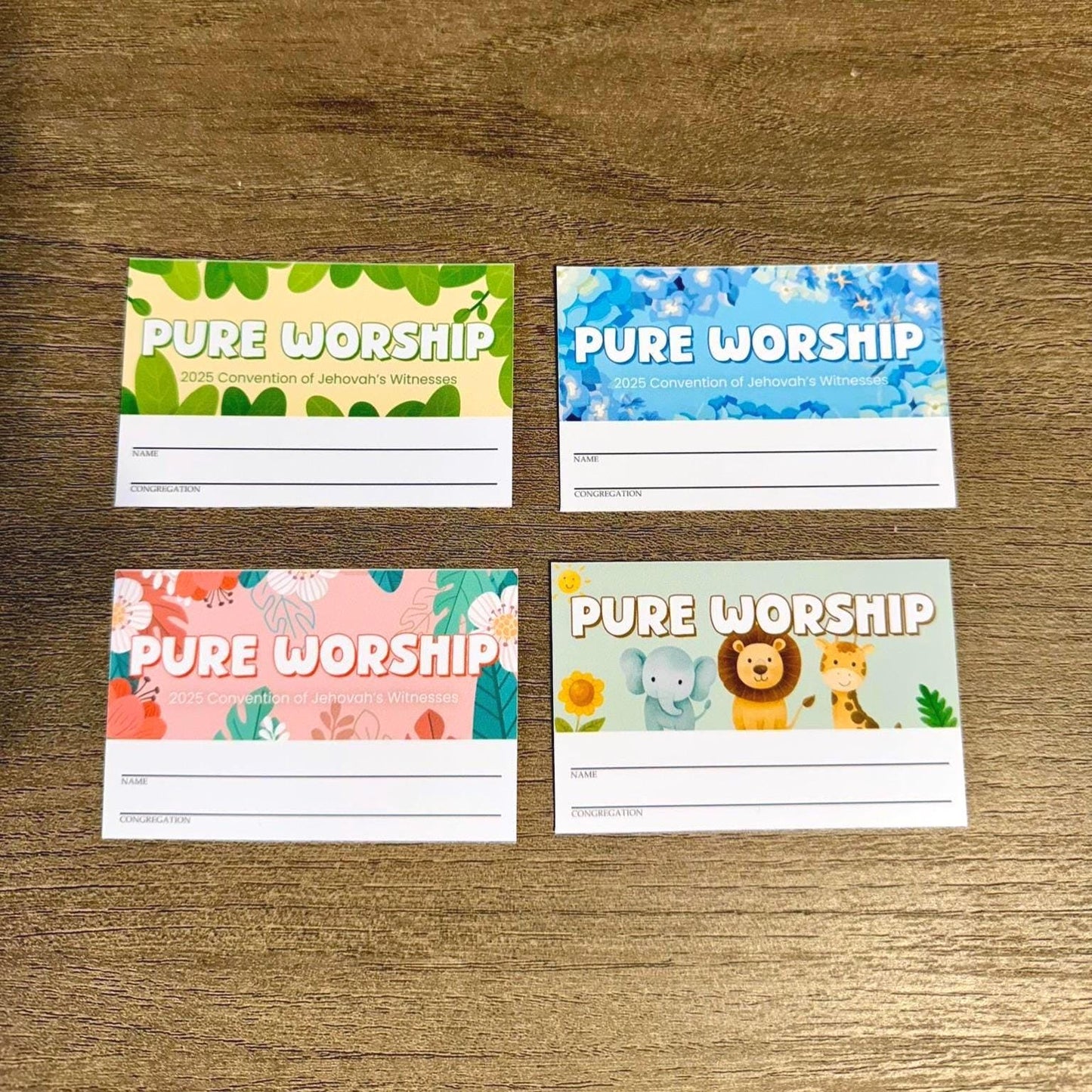 4 JW Pure Worship Badge Cards – Blue Floral, Pink Floral, Green Leaf & Kids Design – Printed Matte Convention Cards (Not Digital)
