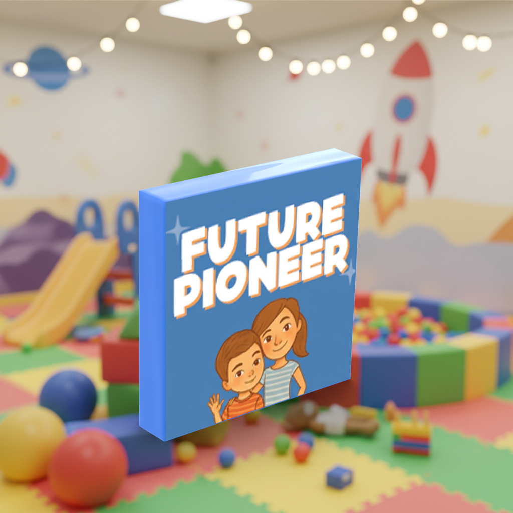 Brick tile with "Future Pioneer" with illustrations of two children on a blue background