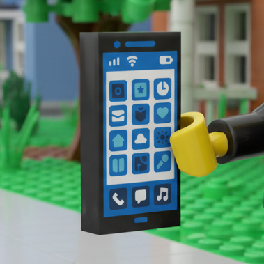 Toy figure in a suit holding a smartphone with app icons on a white background