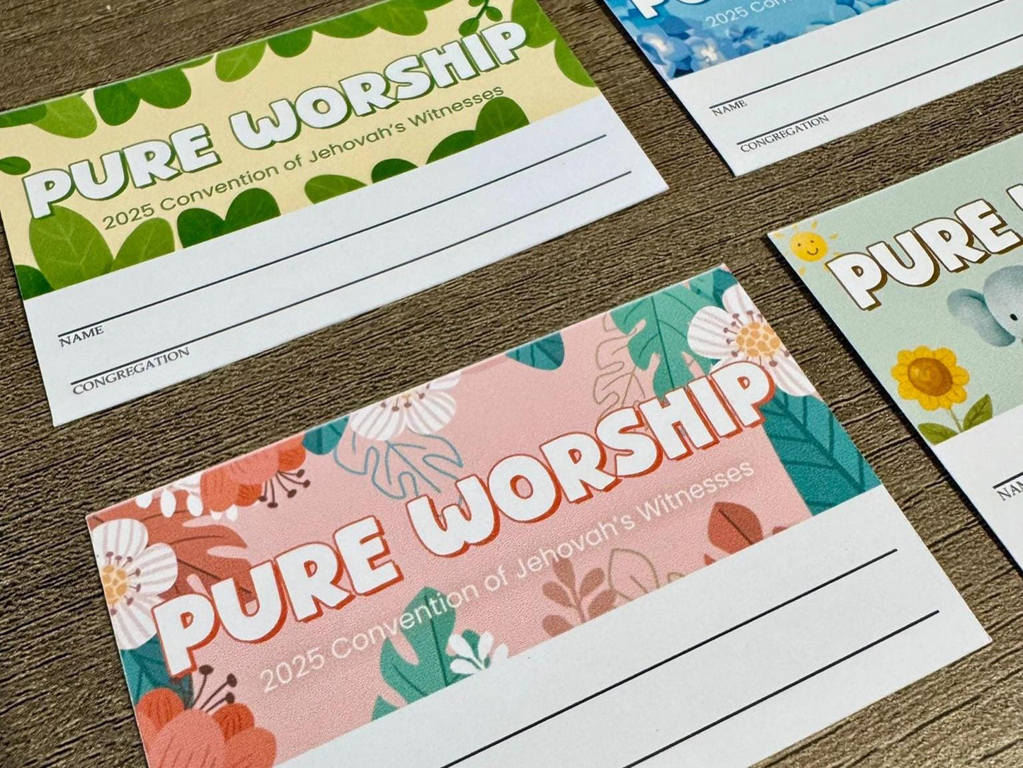 4 JW Pure Worship Badge Cards – Blue Floral, Pink Floral, Green Leaf & Kids Design – Printed Matte Convention Cards (Not Digital)
