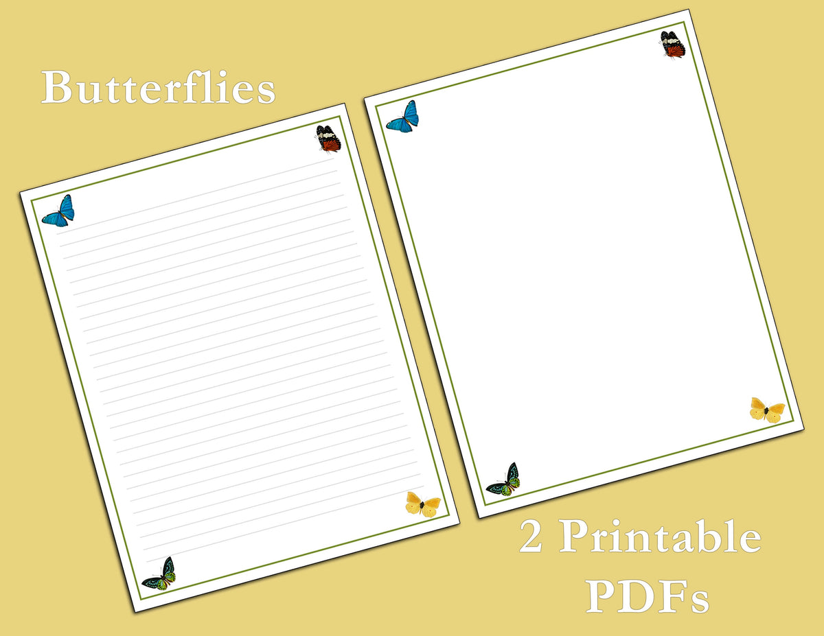 Printable letter writing stationery page with a butterfly design