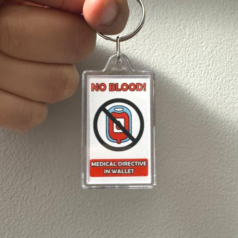 JW No Blood Medical Alert Keychain – Jehovah’s Witness DPA Tag, Acrylic Double-Sided, Emergency Directive Reminder