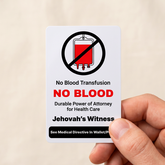 A hand holding a white rectangular medical directive card that reads 'No Blood Transfusion', 'NO BLOOD', and 'Jehovah’s Witness' with a red-and-black crossed-out blood bag icon, against a soft beige fabric background.