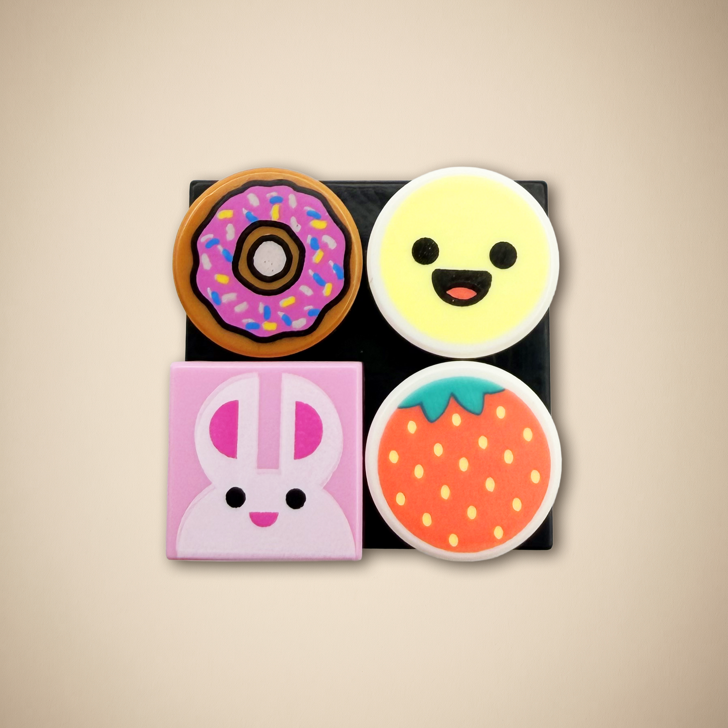 Cute Charm Pack for Brick Pins | 4-Piece Add-On Set | Donut, Strawberry, Bunny & Smiley Tiles | Fun Pin Accessories