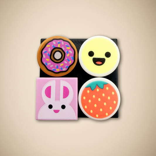 Cute Charm Pack for Brick Pins | 4-Piece Add-On Set | Donut, Strawberry, Bunny & Smiley Tiles | Fun Pin Accessories