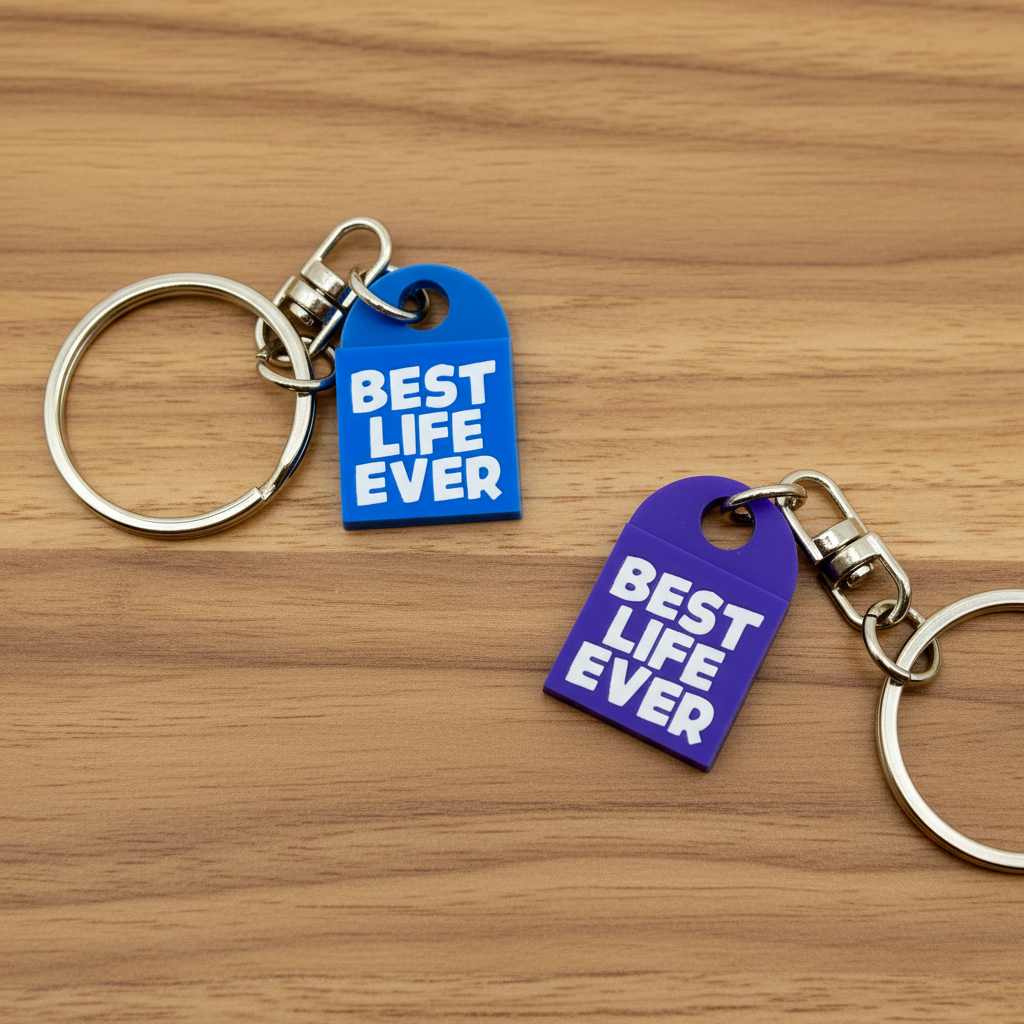Two 'Best Life Ever' keychains on a white background