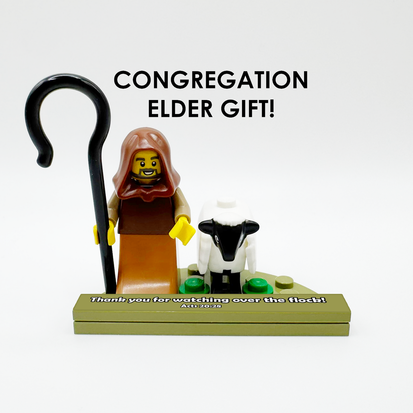Brick figure of a shepherd with a lamb and a staff, labeled 'Congregation Elder Gift!'.