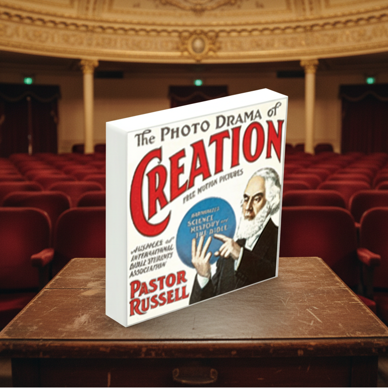 Brick tile with "The Photo Drama of Creation by Pastor Russell" on a theater background