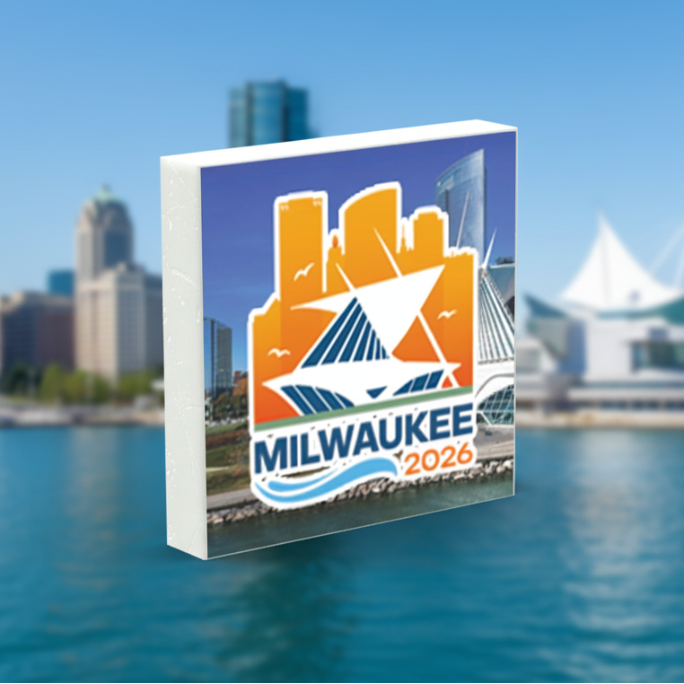 2x2 brick tile with an orange and blue Milwaukee 2026 decal, in front of the Milwaukee lakefront skyline