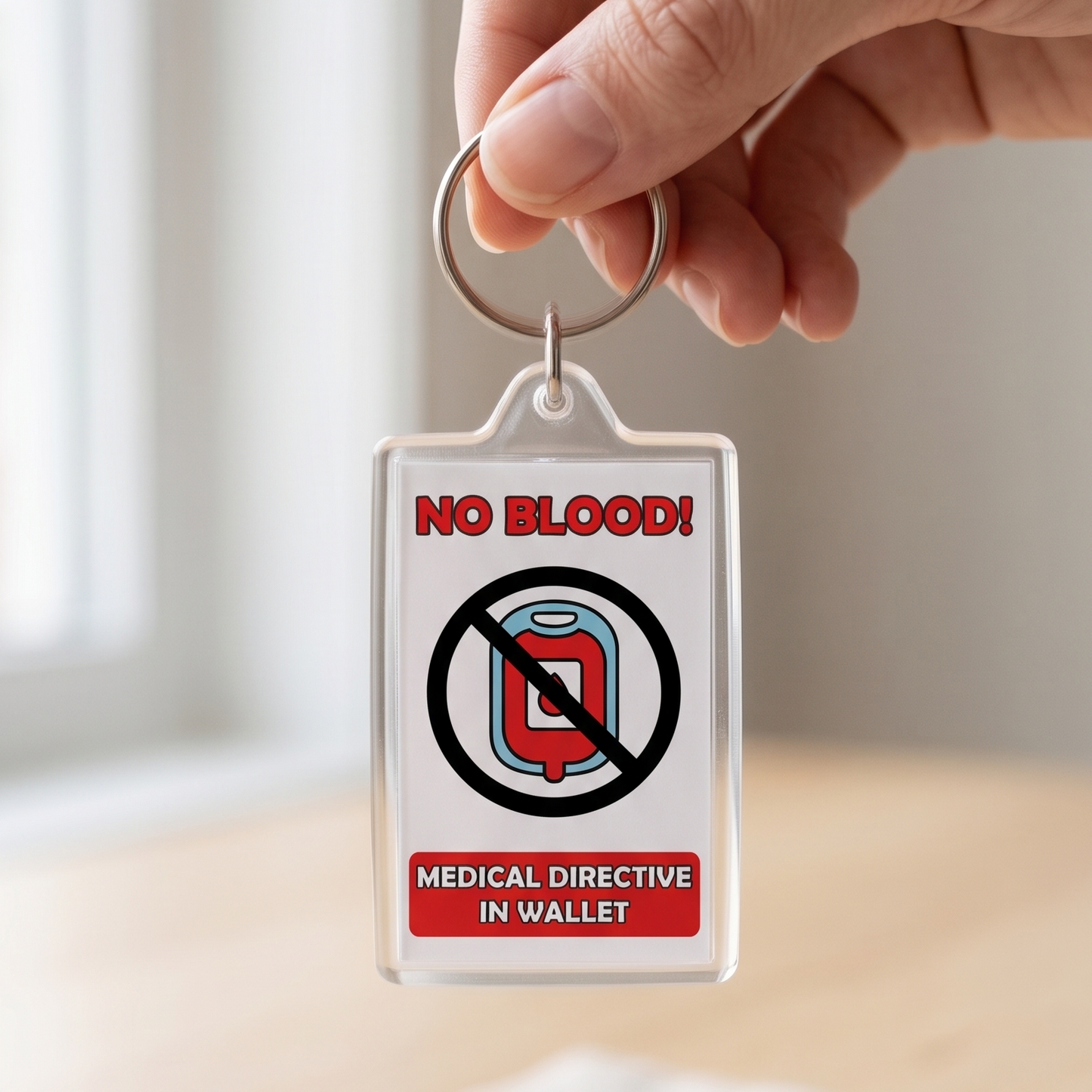 JW No Blood Medical Alert Keychain – Jehovah’s Witness DPA Tag, Acrylic Double-Sided, Emergency Directive Reminder