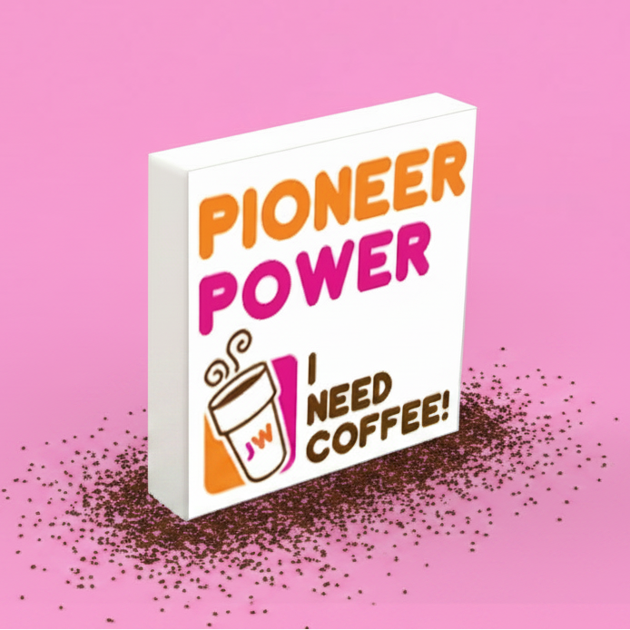 White brick tile with "Pioneer Power I Need Coffee!" text on a pink background
