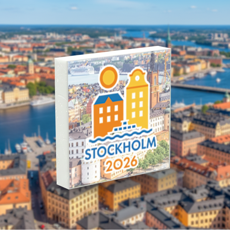 White brick tile with "Stockholm 2026" event packaging on a blue background