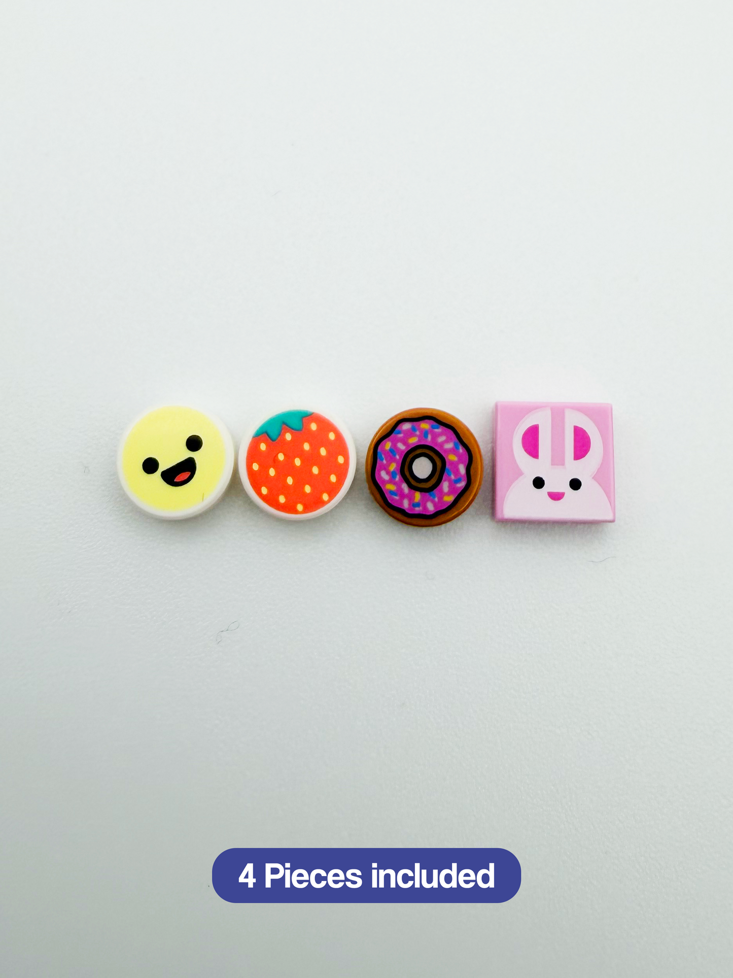 Cute Charm Pack for Brick Pins | 4-Piece Add-On Set | Donut, Strawberry, Bunny & Smiley Tiles | Fun Pin Accessories