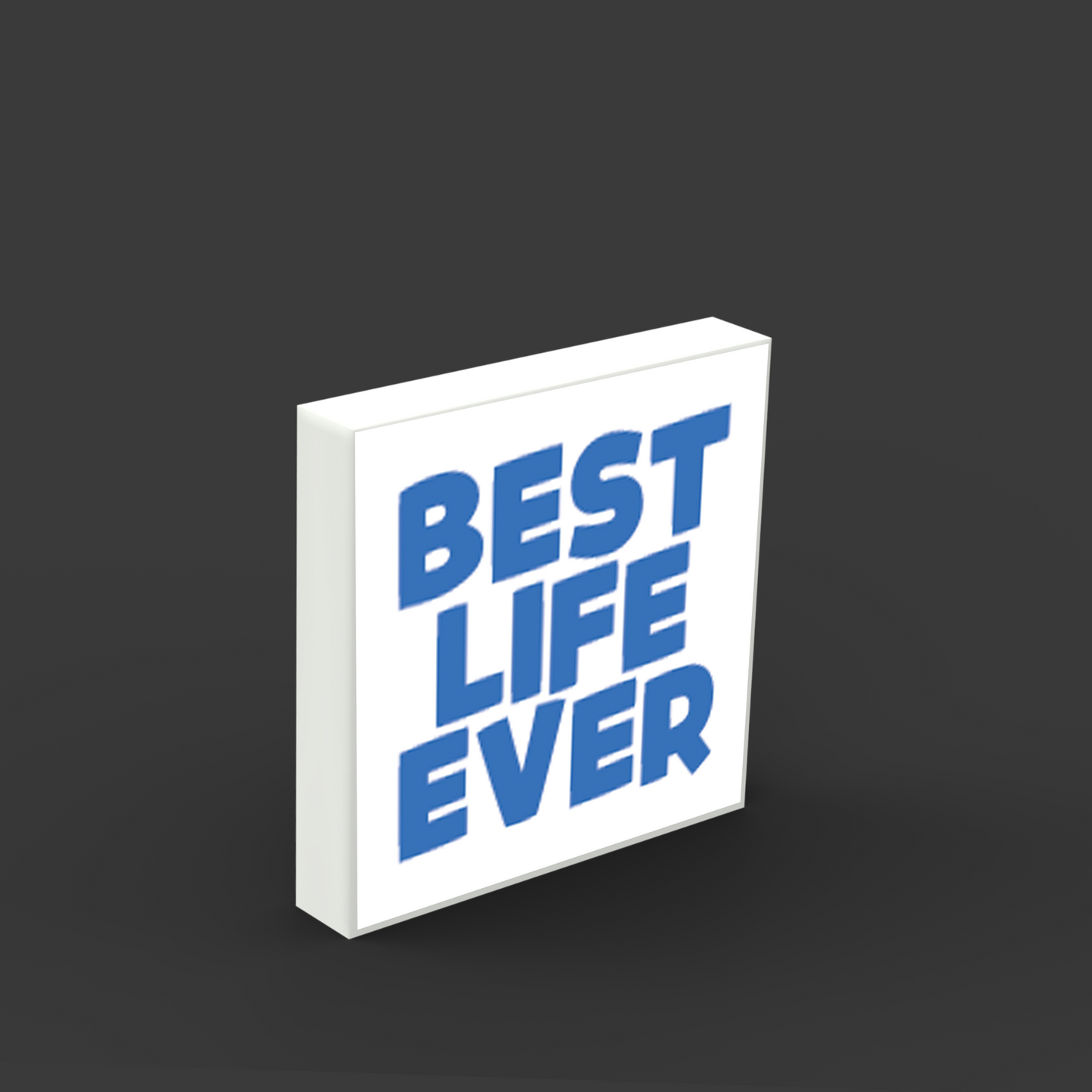 White brick tile with "BEST LIFE EVER" text in blue on a dark gray background